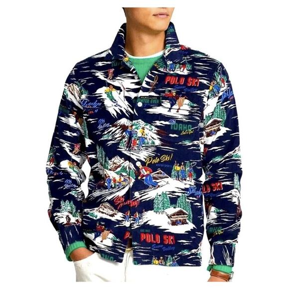 Ralph Lauren Polo Shirt Mens M Ski Lodge AOP Micro Corduroy Outdoors Gorpore - Picture 1 of 10